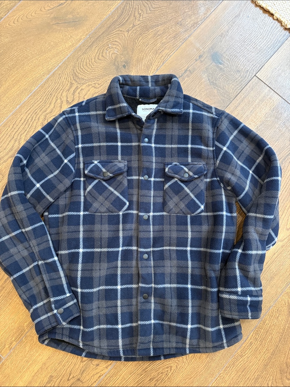 Men’s Sonoma Navy and Gray Plaid Fleece Shirt Jacket Size-Small